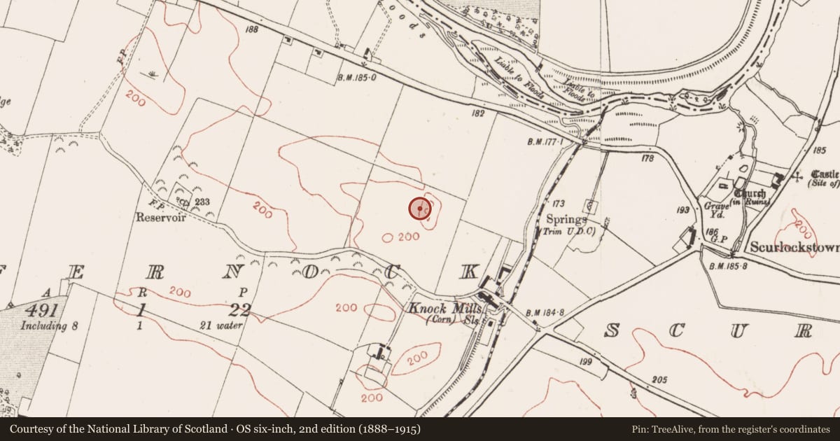 Ordnance Survey six-inch map, 2nd edition (1888–1915) covering the location of Ring-ditch, Iffernock, County Meath, with a pin at the register's coordinates