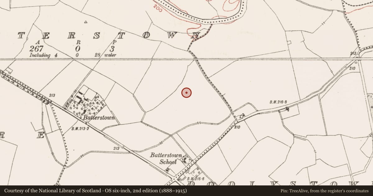 Ordnance Survey six-inch map, 2nd edition (1888–1915) covering the location of Enclosure, Batterstown, County Meath, with a pin at the register's coordinates