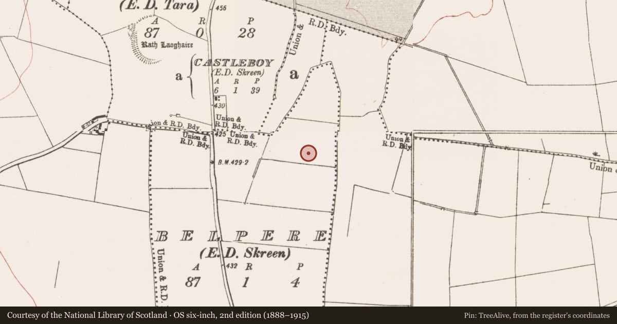 Ordnance Survey six-inch map, 2nd edition (1888–1915) covering the location of Enclosure, Belpere, County Meath, with a pin at the register's coordinates
