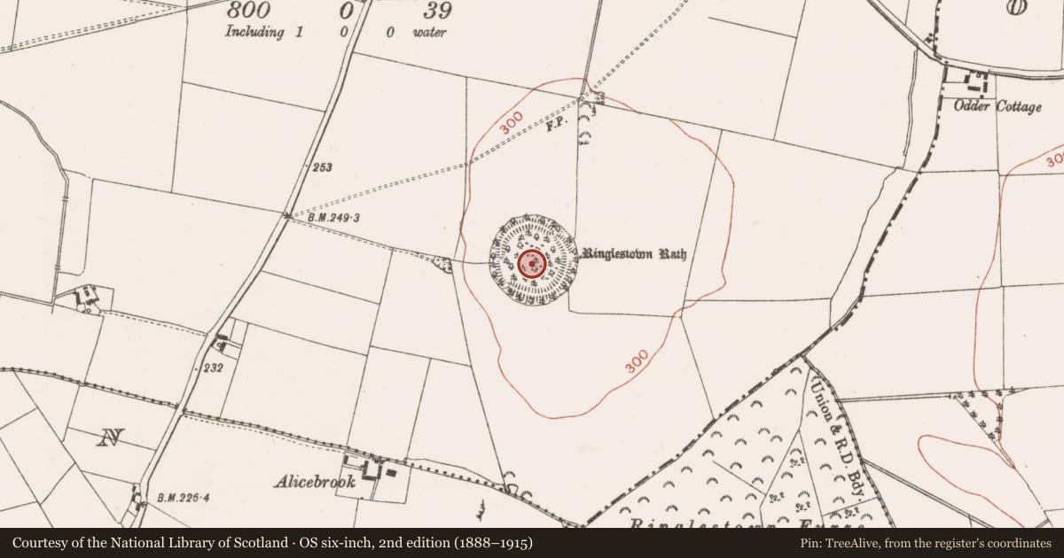 Ordnance Survey six-inch map, 2nd edition (1888–1915) covering the location of Ceremonial enclosure, Ringlestown, County Meath, with a pin at the register's coordinates