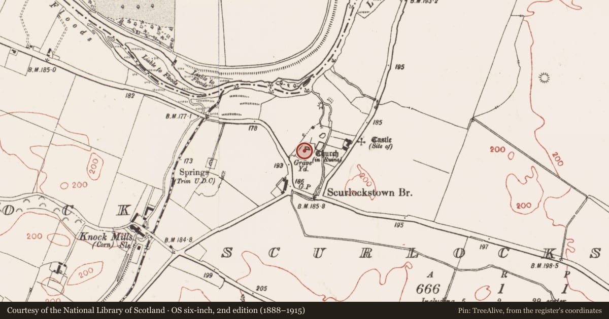 Ordnance Survey six-inch map, 2nd edition (1888–1915) covering the location of Church, Scurlockstown, County Meath, with a pin at the register's coordinates