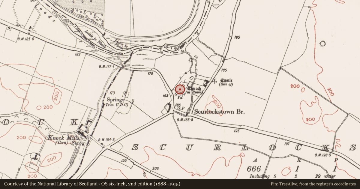 Ordnance Survey six-inch map, 2nd edition (1888–1915) covering the location of Graveyard, Scurlockstown, County Meath, with a pin at the register's coordinates