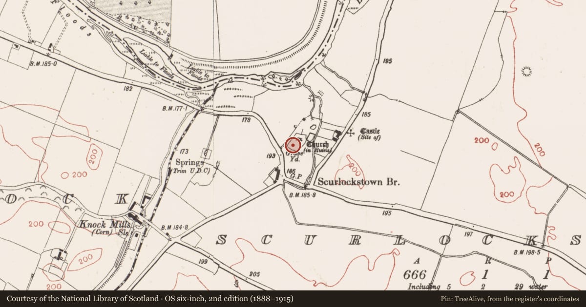 Ordnance Survey six-inch map, 2nd edition (1888–1915) covering the location of Cross, Scurlockstown, County Meath, with a pin at the register's coordinates