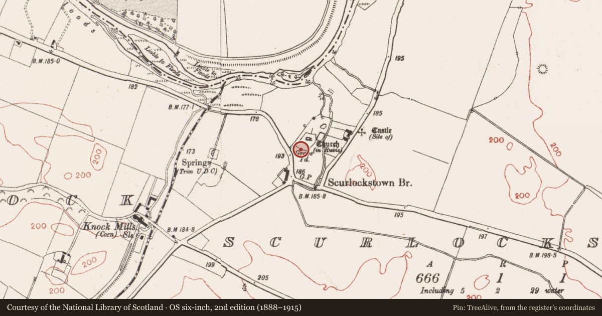 Ordnance Survey six-inch map, 2nd edition (1888–1915) covering the location of Font, Scurlockstown, County Meath, with a pin at the register's coordinates