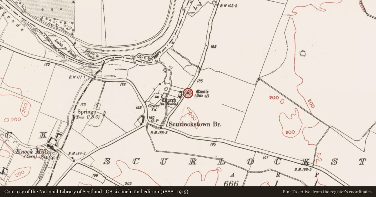 Ordnance Survey six-inch map, 2nd edition (1888–1915) covering the location of Castle - tower house, Scurlockstown, County Meath, with a pin at the register's coordinates