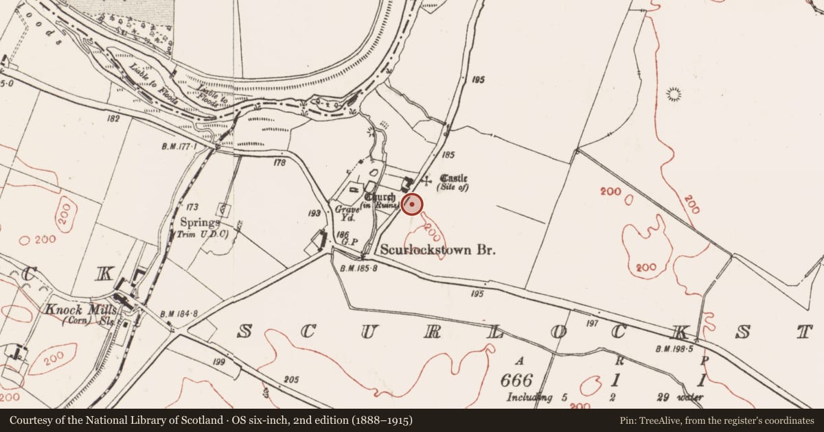 Ordnance Survey six-inch map, 2nd edition (1888–1915) covering the location of Stable, Scurlockstown, County Meath, with a pin at the register's coordinates