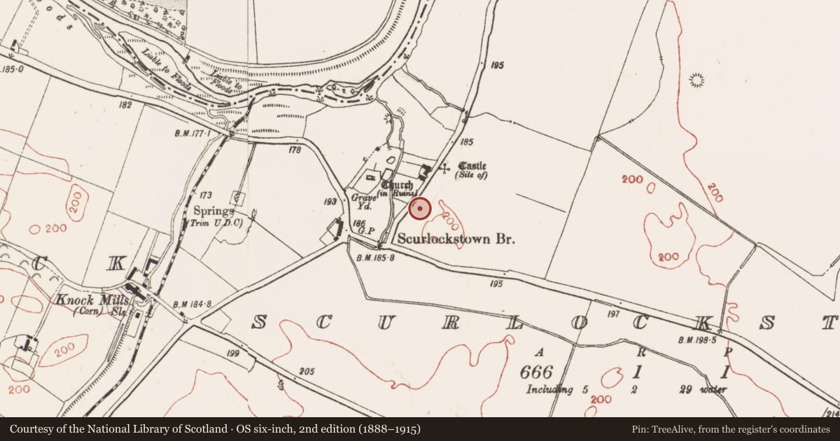 Ordnance Survey six-inch map, 2nd edition (1888–1915) covering the location of Kiln, Scurlockstown, County Meath, with a pin at the register's coordinates