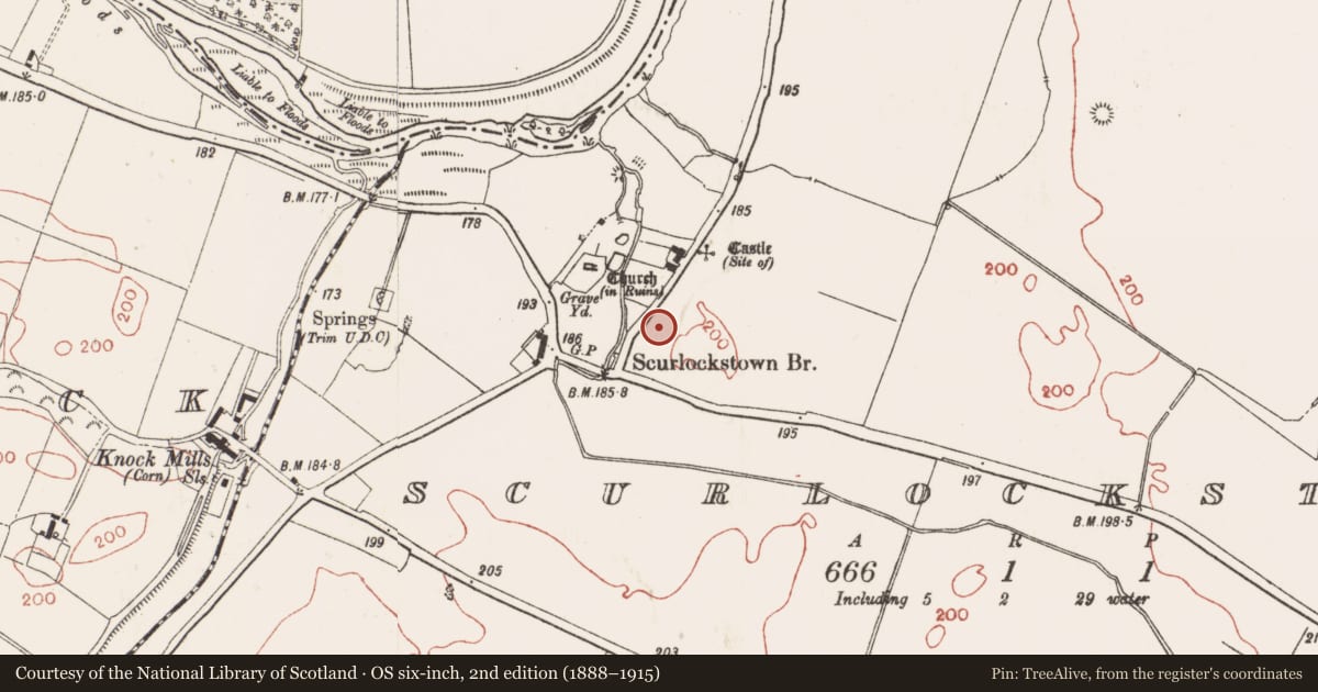 Ordnance Survey six-inch map, 2nd edition (1888–1915) covering the location of Building, Scurlockstown, County Meath, with a pin at the register's coordinates