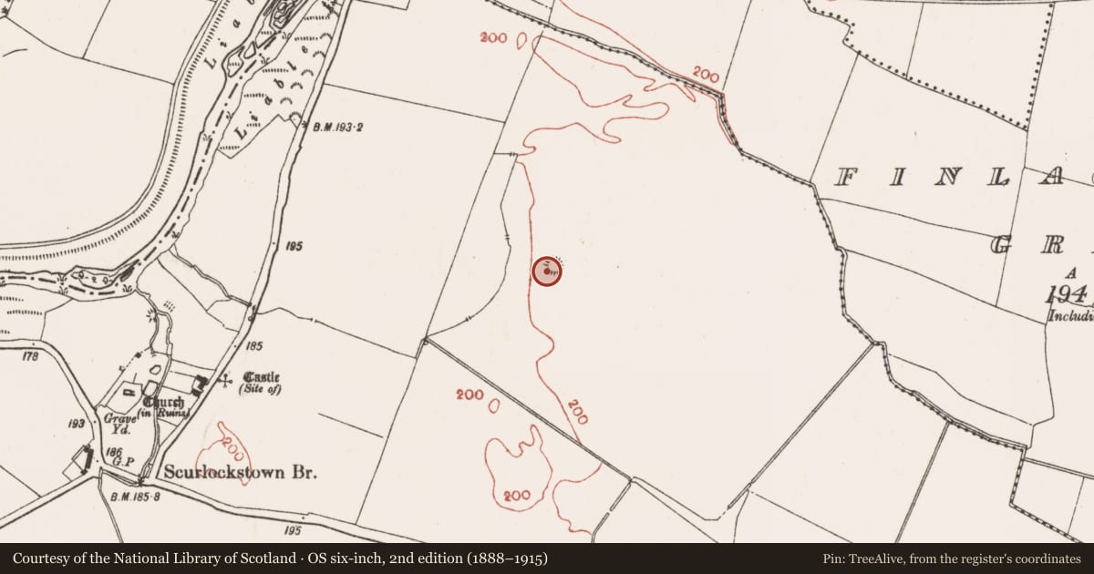 Ordnance Survey six-inch map, 2nd edition (1888–1915) covering the location of Earthwork, Scurlockstown, County Meath, with a pin at the register's coordinates