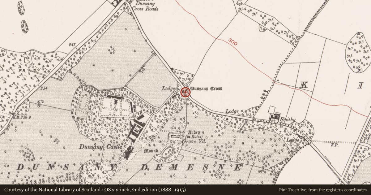 Ordnance Survey six-inch map, 2nd edition (1888–1915) covering the location of Cross - Wayside cross, Dunsany, County Meath, with a pin at the register's coordinates