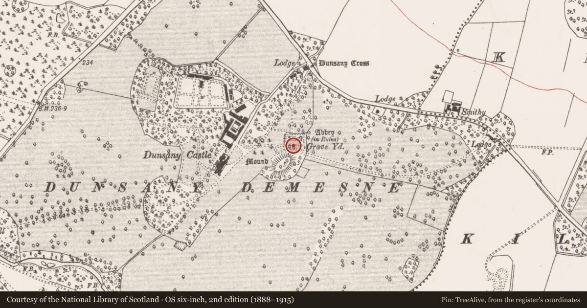 Ordnance Survey six-inch map, 2nd edition (1888–1915) covering the location of Graveyard, Dunsany, County Meath, with a pin at the register's coordinates