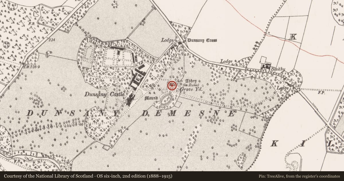 Ordnance Survey six-inch map, 2nd edition (1888–1915) covering the location of Tomb - effigial, Dunsany, County Meath, with a pin at the register's coordinates