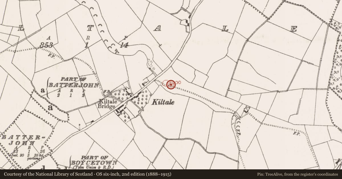 Ordnance Survey six-inch map, 2nd edition (1888–1915) covering the location of Souterrain, Kiltale, County Meath, with a pin at the register's coordinates