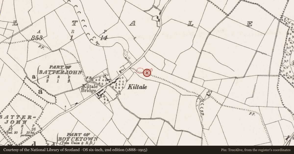 Ordnance Survey six-inch map, 2nd edition (1888–1915) covering the location of Burial ground, Kiltale, County Meath, with a pin at the register's coordinates