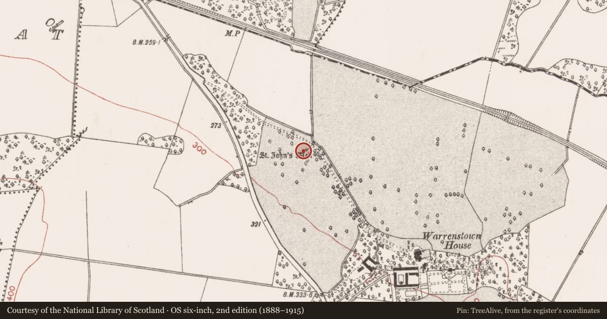 Ordnance Survey six-inch map, 2nd edition (1888–1915) covering the location of Ritual site - holy well, Warrenstown, County Meath, with a pin at the register's coordinates