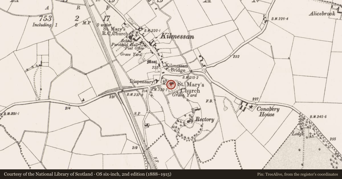 Ordnance Survey six-inch map, 2nd edition (1888–1915) covering the location of Church, Kilmessan, County Meath, with a pin at the register's coordinates