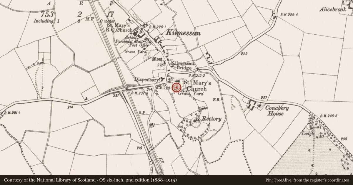 Ordnance Survey six-inch map, 2nd edition (1888–1915) covering the location of Graveyard, Kilmessan, County Meath, with a pin at the register's coordinates