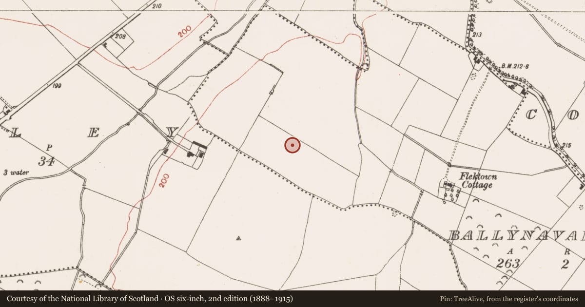 Ordnance Survey six-inch map, 2nd edition (1888–1915) covering the location of Barrow - mound barrow, Ballynavaddog (Deece Lower By., Balsoon Par.), County Meath, with a pin at the register's coordinates