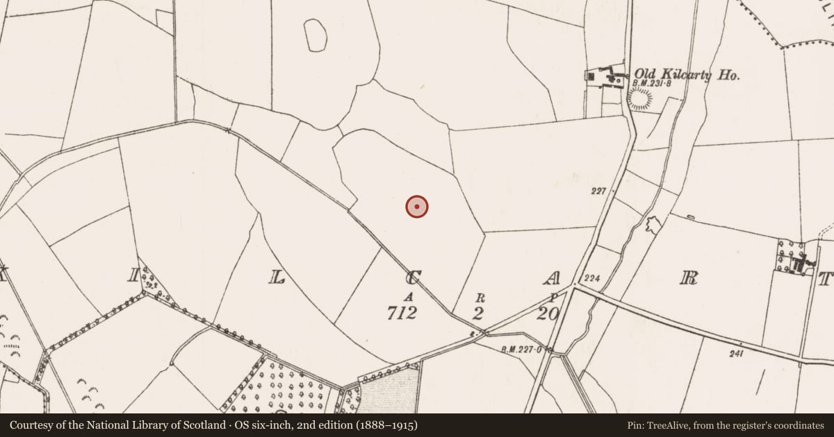 Ordnance Survey six-inch map, 2nd edition (1888–1915) covering the location of Ring-ditch, Kilcarty, County Meath, with a pin at the register's coordinates