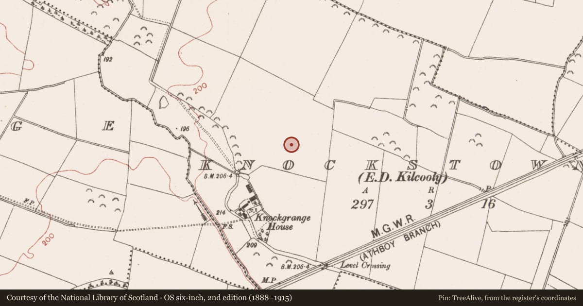 Ordnance Survey six-inch map, 2nd edition (1888–1915) covering the location of Ringfort - rath, Knockstown (Deece Lower By., Trubley Par.), County Meath, with a pin at the register's coordinates