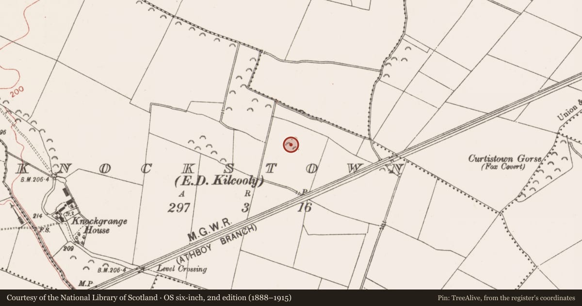 Ordnance Survey six-inch map, 2nd edition (1888–1915) covering the location of Ringfort - rath, Knockstown (Deece Lower By., Trubley Par.), County Meath, with a pin at the register's coordinates