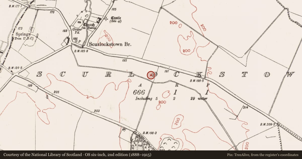 Ordnance Survey six-inch map, 2nd edition (1888–1915) covering the location of Ring-ditch, Scurlockstown, County Meath, with a pin at the register's coordinates