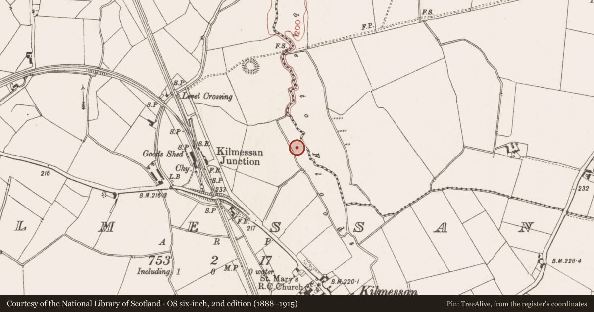 Ordnance Survey six-inch map, 2nd edition (1888–1915) covering the location of Burnt mound, Kilmessan, County Meath, with a pin at the register's coordinates