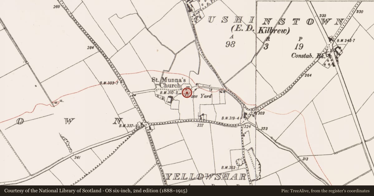 Ordnance Survey six-inch map, 2nd edition (1888–1915) covering the location of Graveyard, Kilmoon, County Meath, with a pin at the register's coordinates