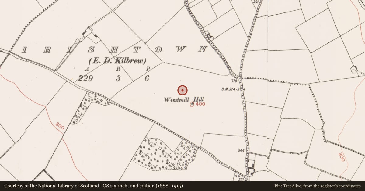 Ordnance Survey six-inch map, 2nd edition (1888–1915) covering the location of Enclosure, Irishtown (Skreen By., Kilmoon Par.), County Meath, with a pin at the register's coordinates