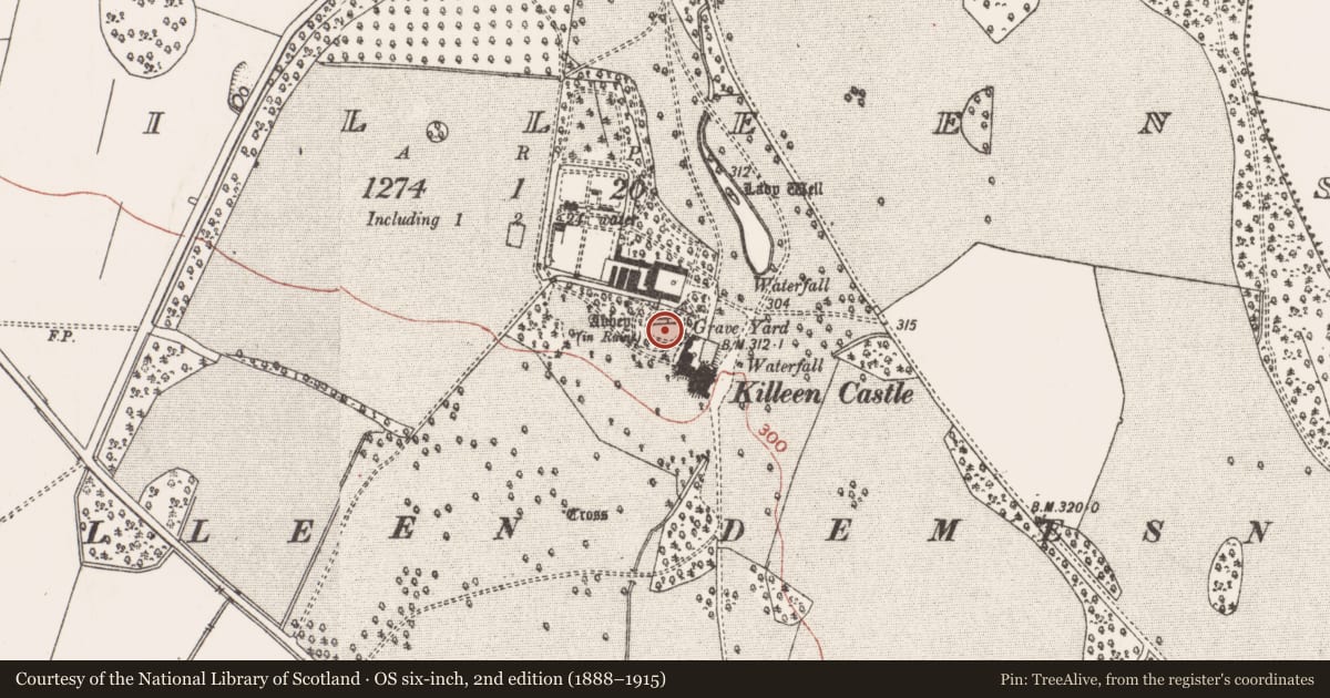 Ordnance Survey six-inch map, 2nd edition (1888–1915) covering the location of Tomb - effigial, Killeen, County Meath, with a pin at the register's coordinates