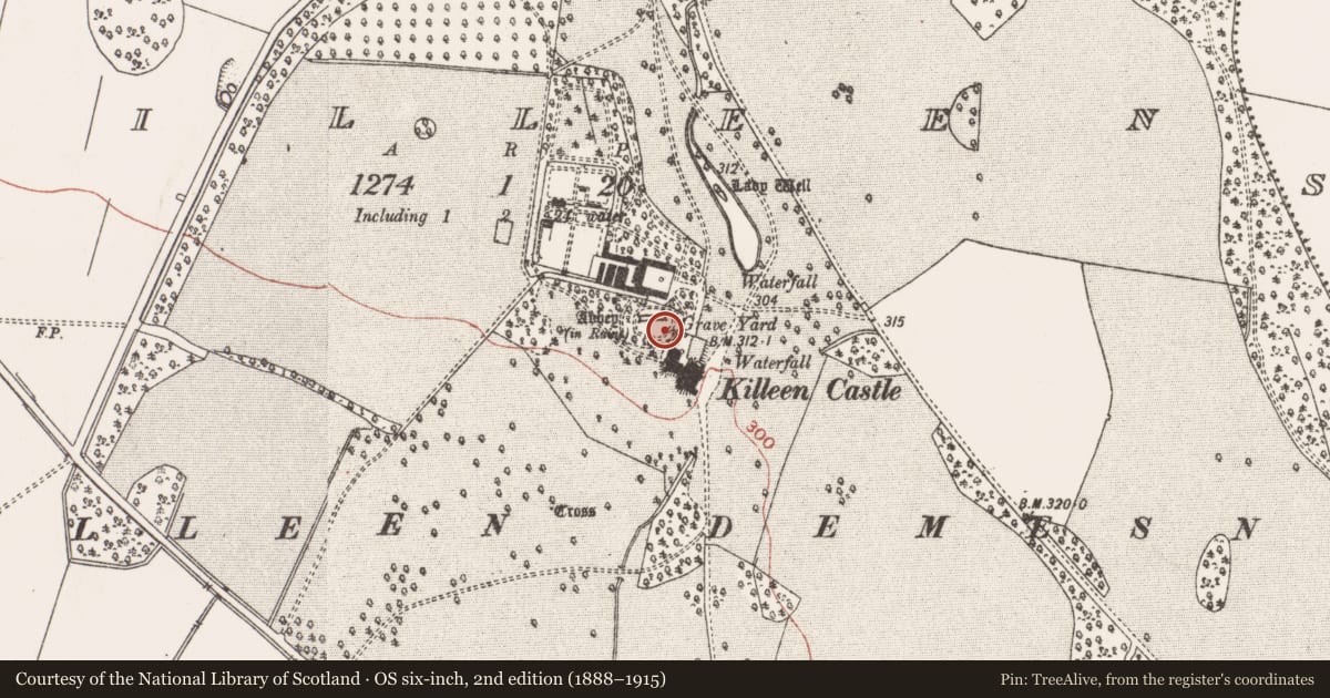 Ordnance Survey six-inch map, 2nd edition (1888–1915) covering the location of Tomb - effigial, Killeen, County Meath, with a pin at the register's coordinates