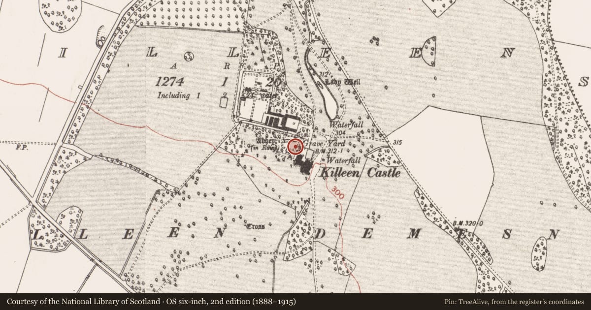 Ordnance Survey six-inch map, 2nd edition (1888–1915) covering the location of Wall monument, Killeen, County Meath, with a pin at the register's coordinates