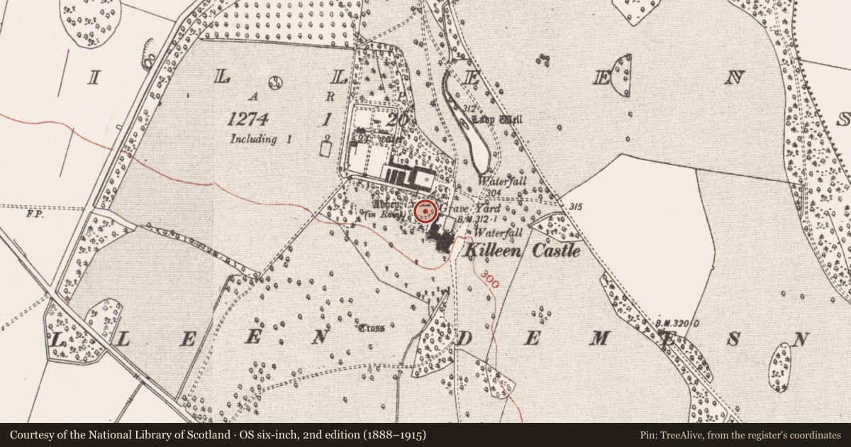 Ordnance Survey six-inch map, 2nd edition (1888–1915) covering the location of Tomb - effigial, Killeen, County Meath, with a pin at the register's coordinates
