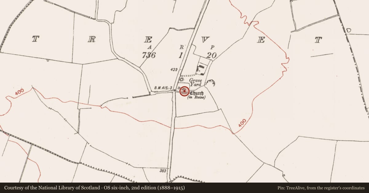 Ordnance Survey six-inch map, 2nd edition (1888–1915) covering the location of Tomb - chest tomb, Trevet, County Meath, with a pin at the register's coordinates