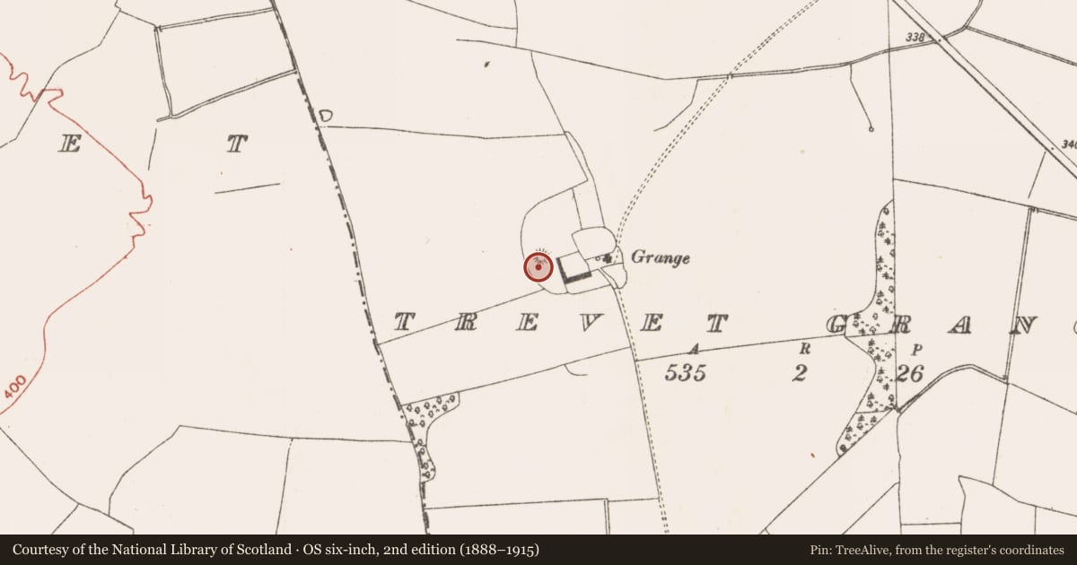 Ordnance Survey six-inch map, 2nd edition (1888–1915) covering the location of Earthwork, Trevet Grange, County Meath, with a pin at the register's coordinates