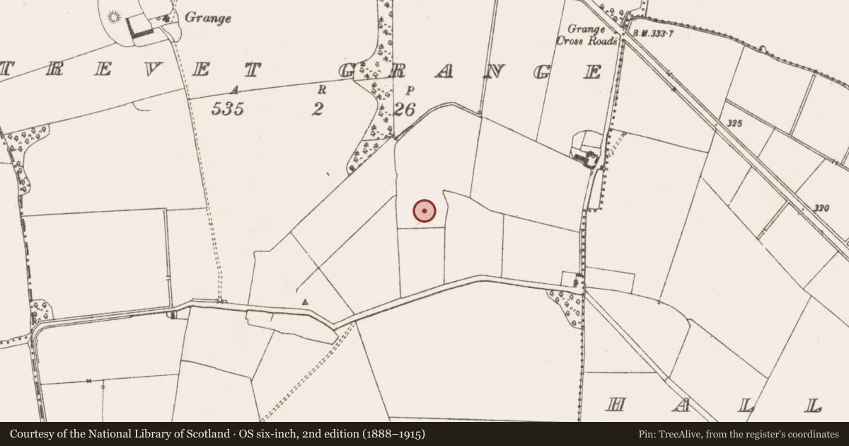 Ordnance Survey six-inch map, 2nd edition (1888–1915) covering the location of Ringfort - rath, Trevet Grange, County Meath, with a pin at the register's coordinates