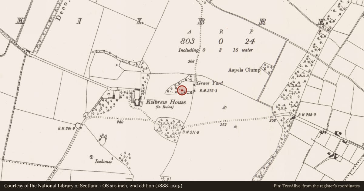 Ordnance Survey six-inch map, 2nd edition (1888–1915) covering the location of Church, Kilbrew, County Meath, with a pin at the register's coordinates