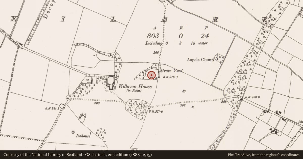 Ordnance Survey six-inch map, 2nd edition (1888–1915) covering the location of Graveyard, Kilbrew, County Meath, with a pin at the register's coordinates