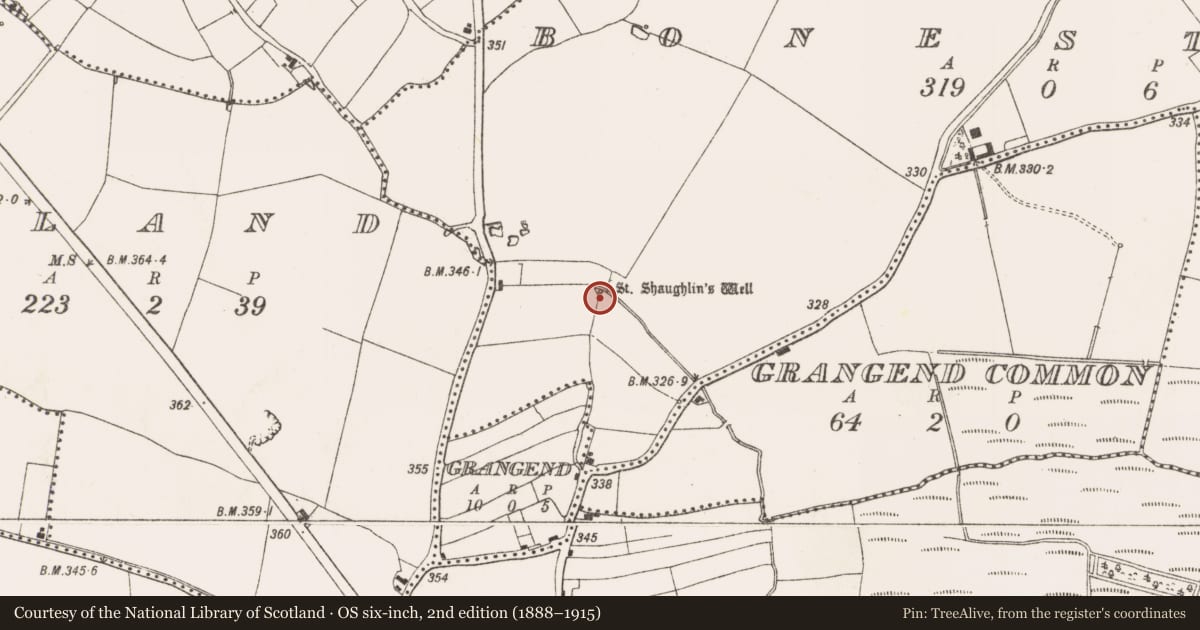 Ordnance Survey six-inch map, 2nd edition (1888–1915) covering the location of Ritual site - holy well, Bonestown, County Meath, with a pin at the register's coordinates