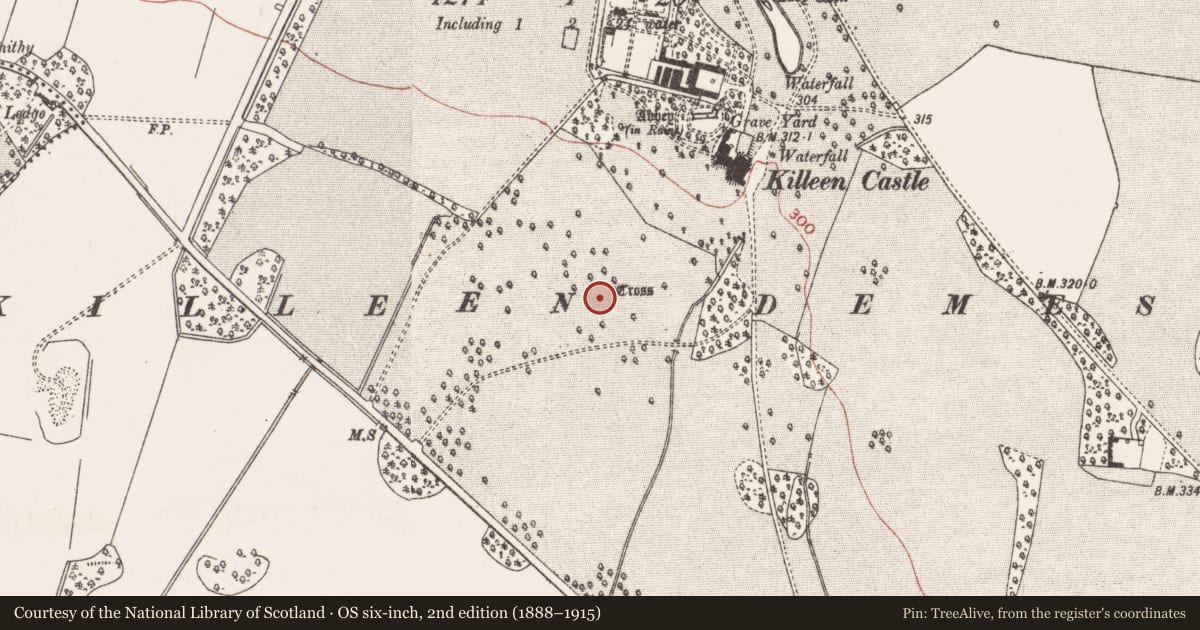 Ordnance Survey six-inch map, 2nd edition (1888–1915) covering the location of Road - road/trackway, Killeen, County Meath, with a pin at the register's coordinates