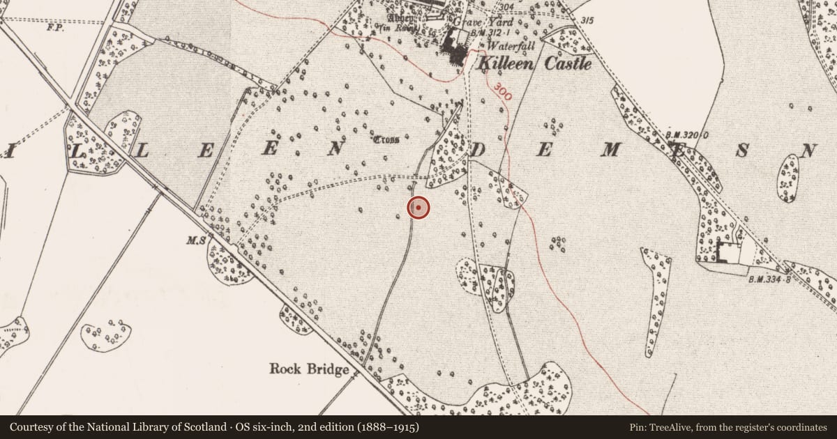 Ordnance Survey six-inch map, 2nd edition (1888–1915) covering the location of Enclosure, Killeen, County Meath, with a pin at the register's coordinates