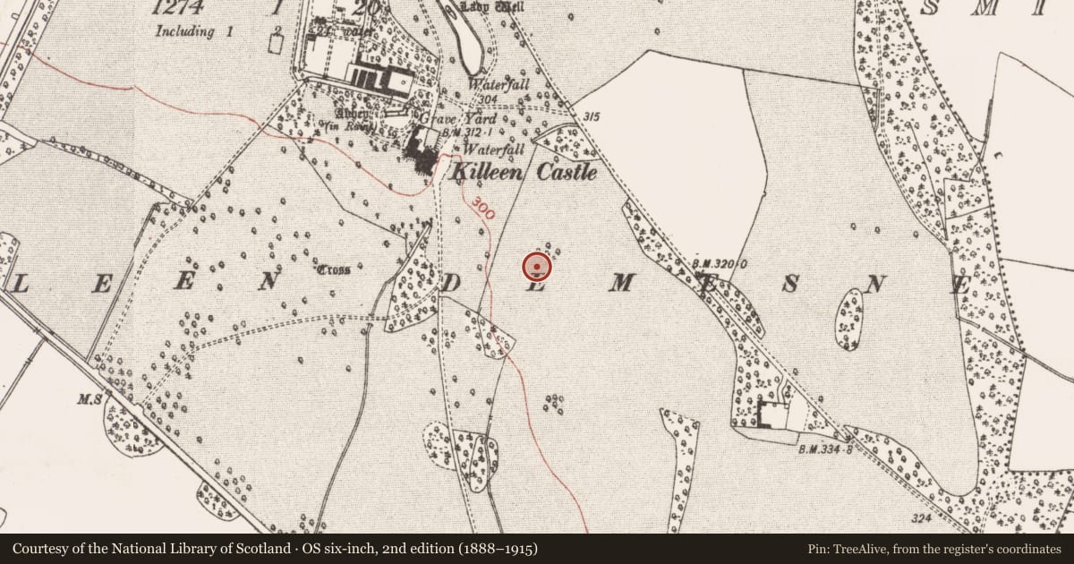 Ordnance Survey six-inch map, 2nd edition (1888–1915) covering the location of Enclosure, Killeen, County Meath, with a pin at the register's coordinates