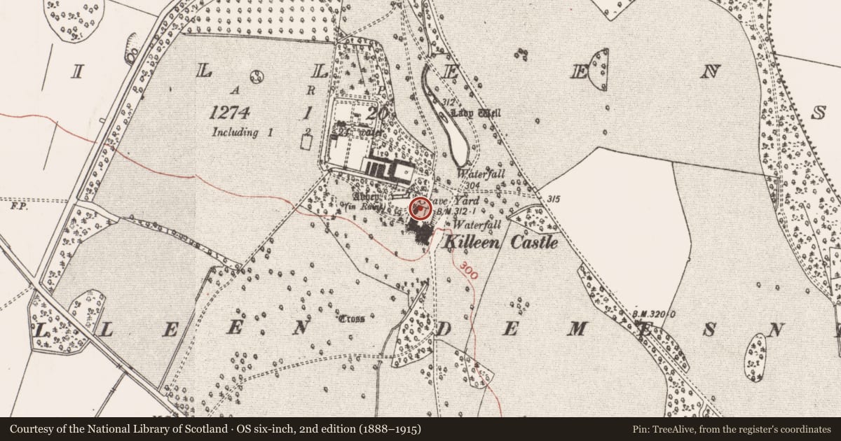 Ordnance Survey six-inch map, 2nd edition (1888–1915) covering the location of Ecclesiastical enclosure, Killeen, County Meath, with a pin at the register's coordinates