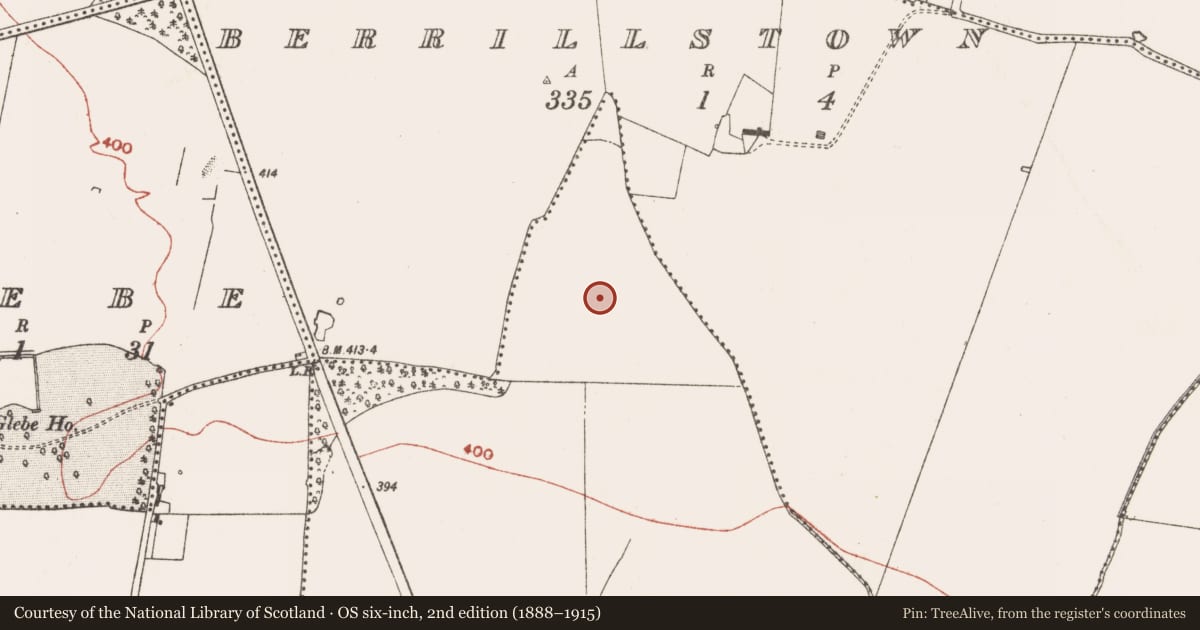 Ordnance Survey six-inch map, 2nd edition (1888–1915) covering the location of Enclosure, Berrillstown, County Meath, with a pin at the register's coordinates