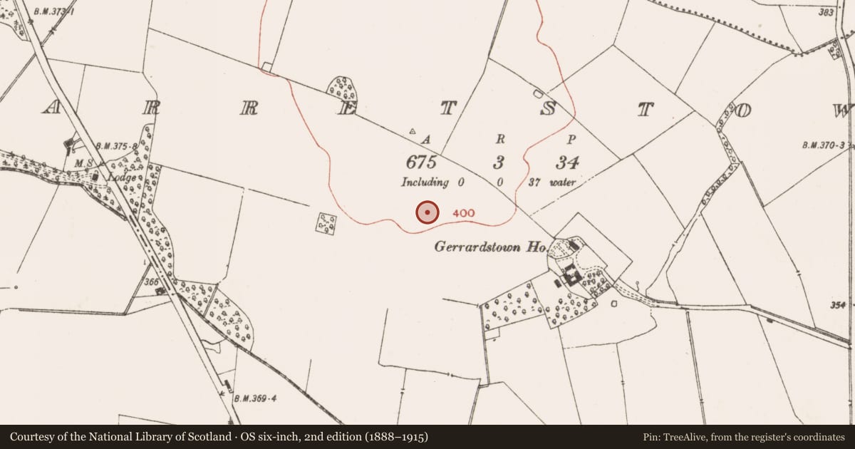 Ordnance Survey six-inch map, 2nd edition (1888–1915) covering the location of Field system, Garretstown, County Meath, with a pin at the register's coordinates