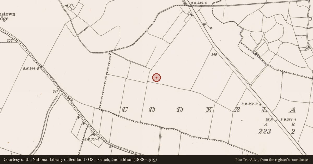 Ordnance Survey six-inch map, 2nd edition (1888–1915) covering the location of Fulacht fia, Cooksland, County Meath, with a pin at the register's coordinates