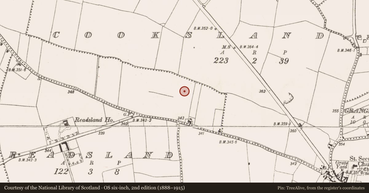 Ordnance Survey six-inch map, 2nd edition (1888–1915) covering the location of Field boundary, Roestown, County Meath, with a pin at the register's coordinates