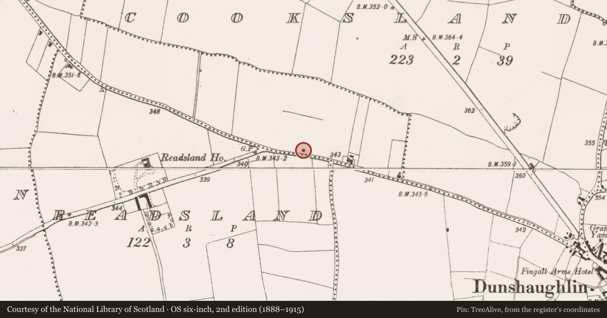 Ordnance Survey six-inch map, 2nd edition (1888–1915) covering the location of Field system, Roestown, County Meath, with a pin at the register's coordinates
