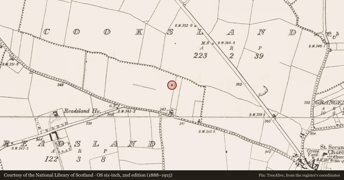 Ordnance Survey six-inch map, 2nd edition (1888–1915) covering the location of Ring-ditch, Roestown, County Meath, with a pin at the register's coordinates