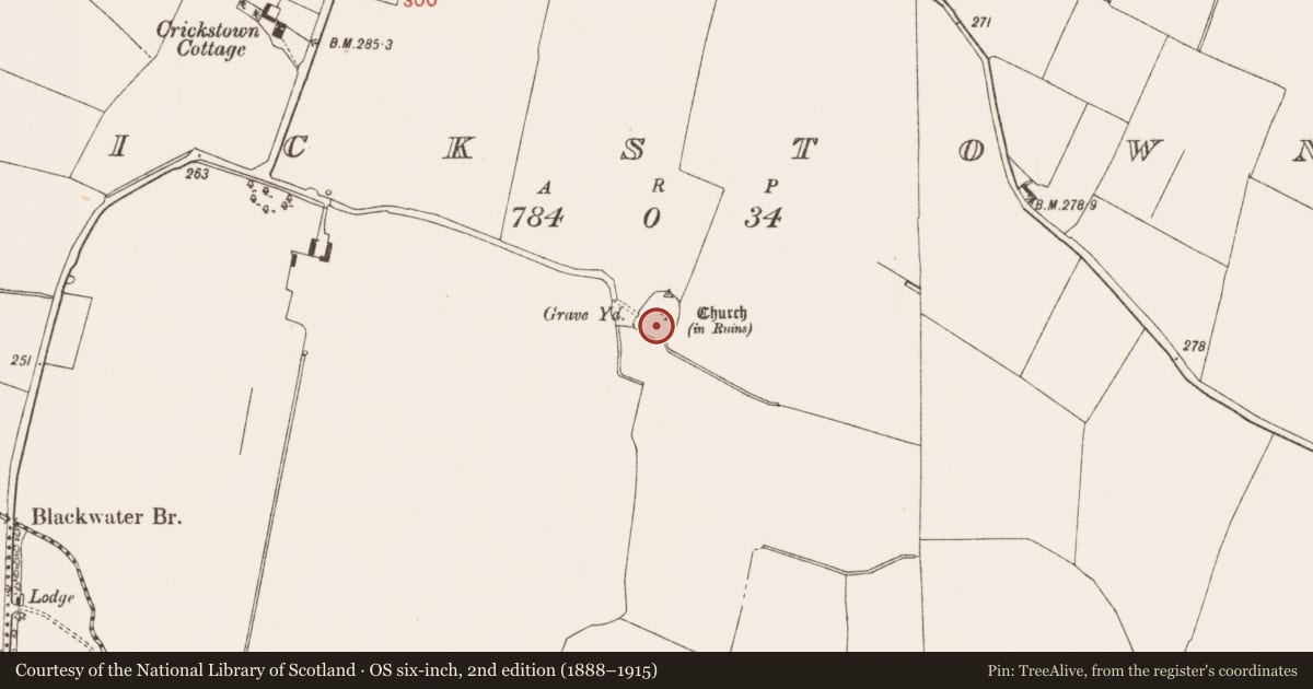 Ordnance Survey six-inch map, 2nd edition (1888–1915) covering the location of Font, Crickstown, County Meath, with a pin at the register's coordinates